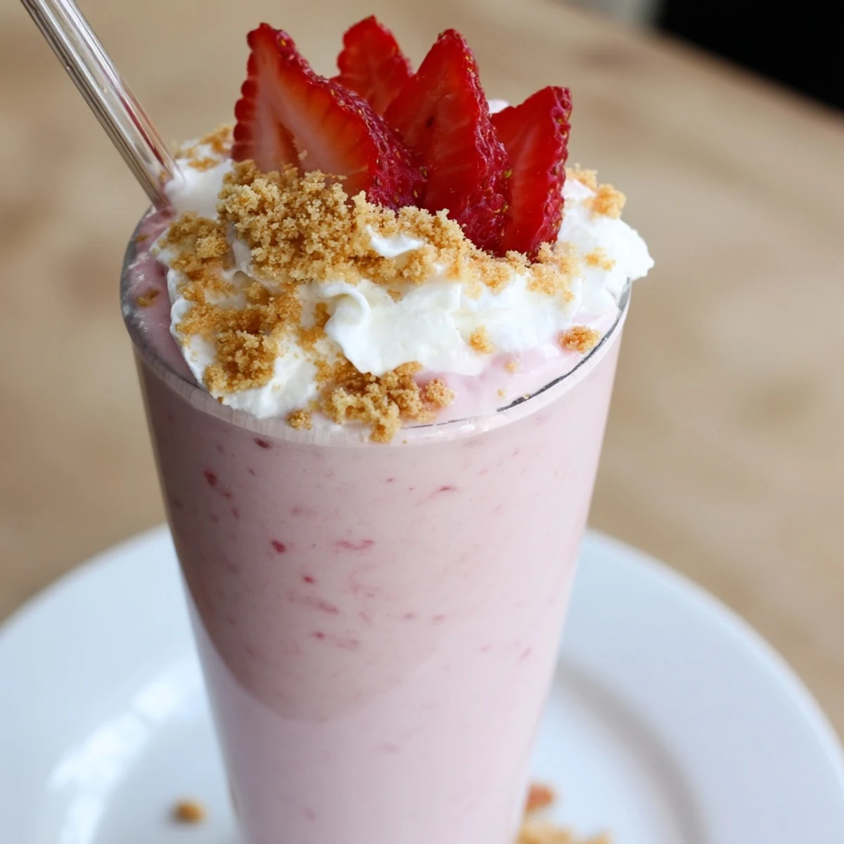 Creamy strawberry cheesecake milkshake drizzled with graham crumbs and garnished with fresh strawberries