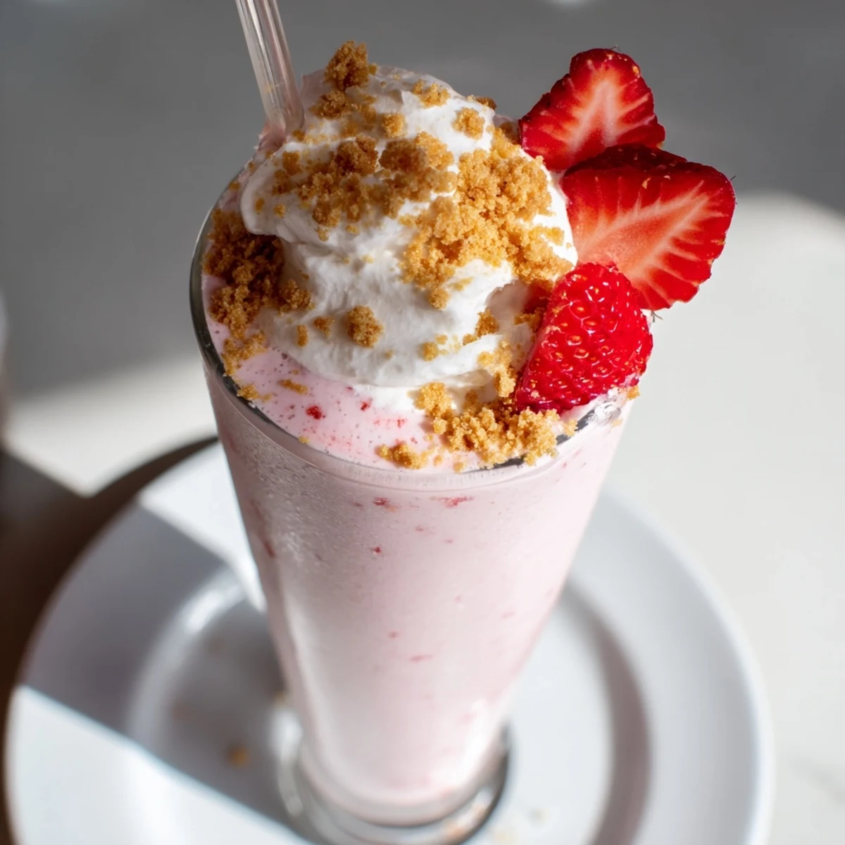 Pink strawberry cheesecake milkshake in a glass with sliced strawberries and a straw