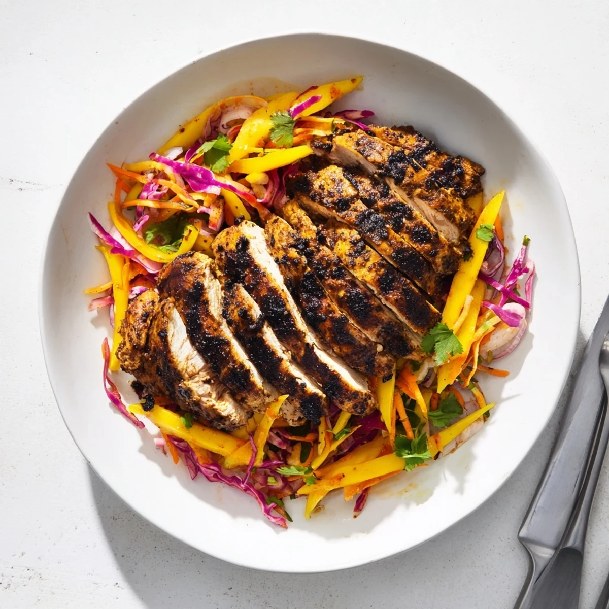 Spicy jerk chicken with mango slaw served on a summer plate