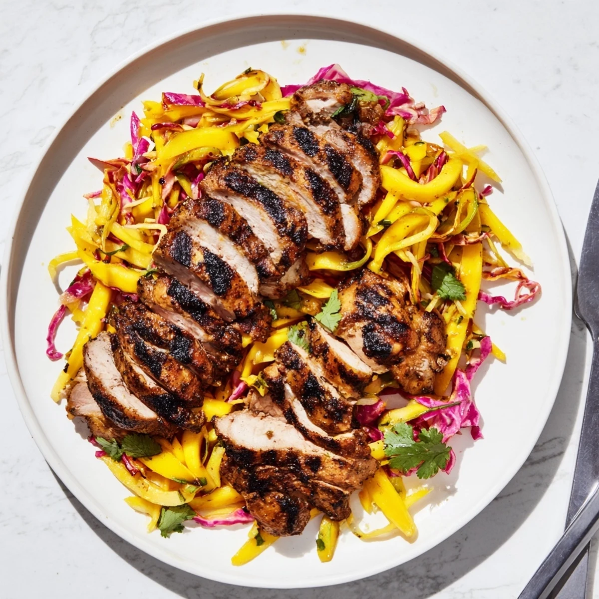 Charred spicy jerk chicken sliced over bright mango slaw with cilantro