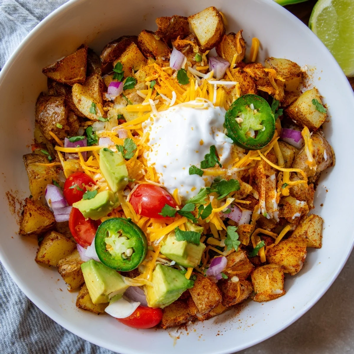 Golden crispy potatoes piled high with Tex-Mex toppings in loaded fiesta potato bowls