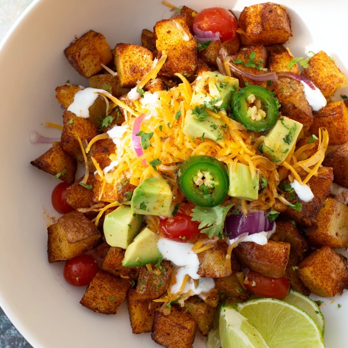 Warm loaded fiesta potato bowls topped with melted cheddar, avocado, and fresh cilantro