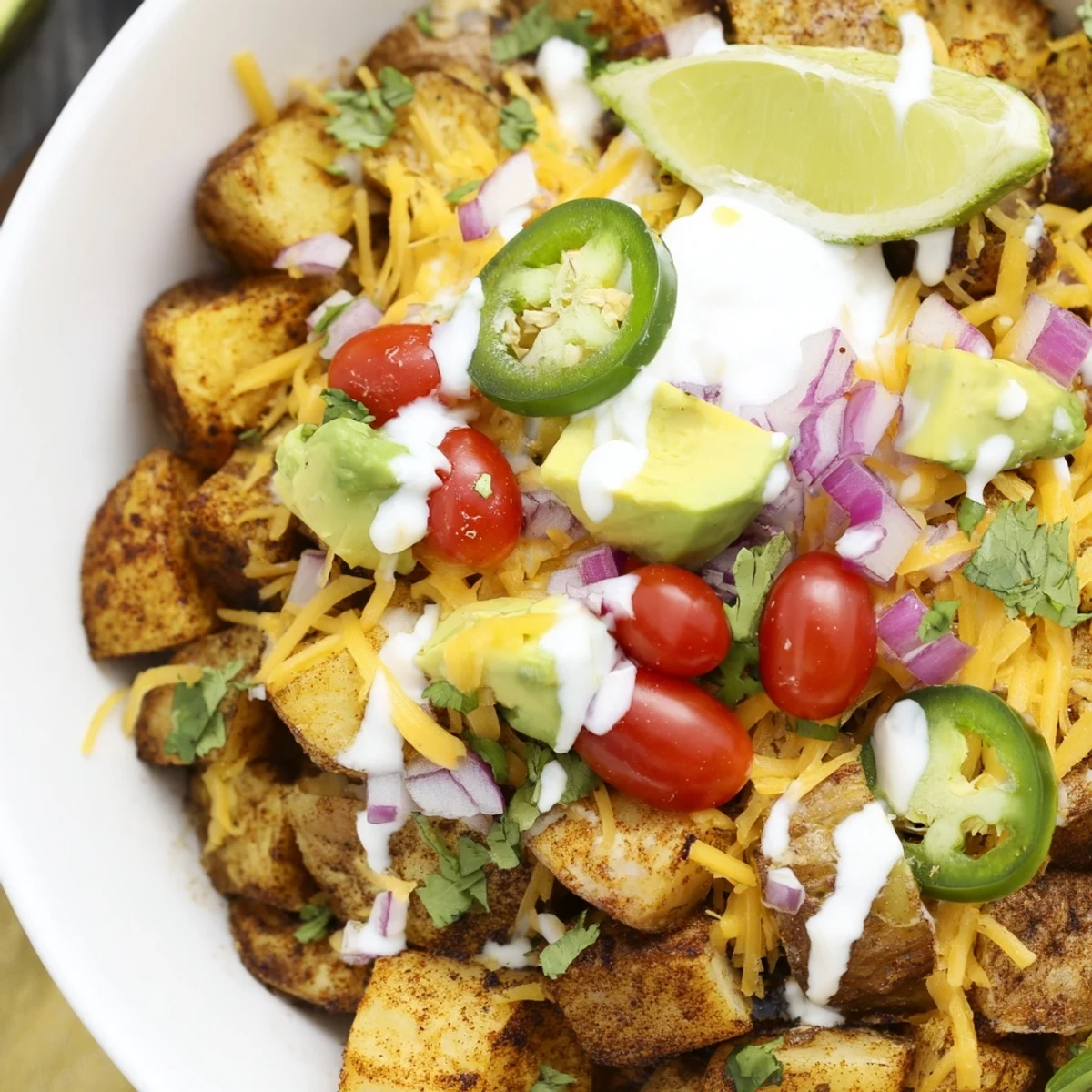 A colorful loaded fiesta potato bowl drizzled with sour cream and a lime wedge