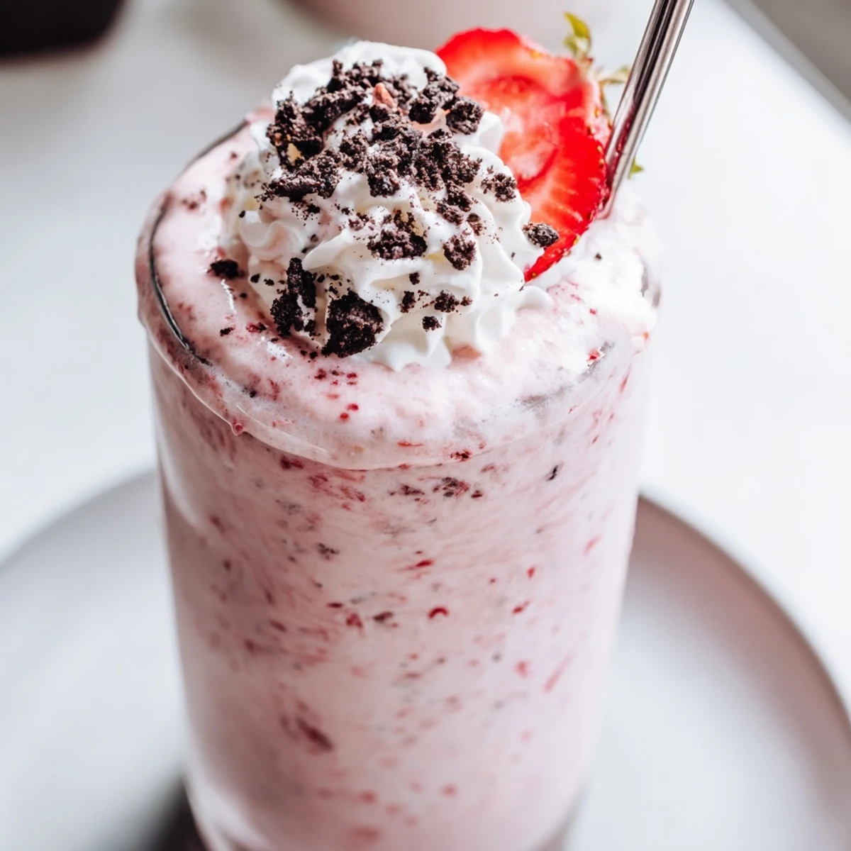 Thick pink strawberry Oreo milkshake topped with whipped cream and crushed cookies