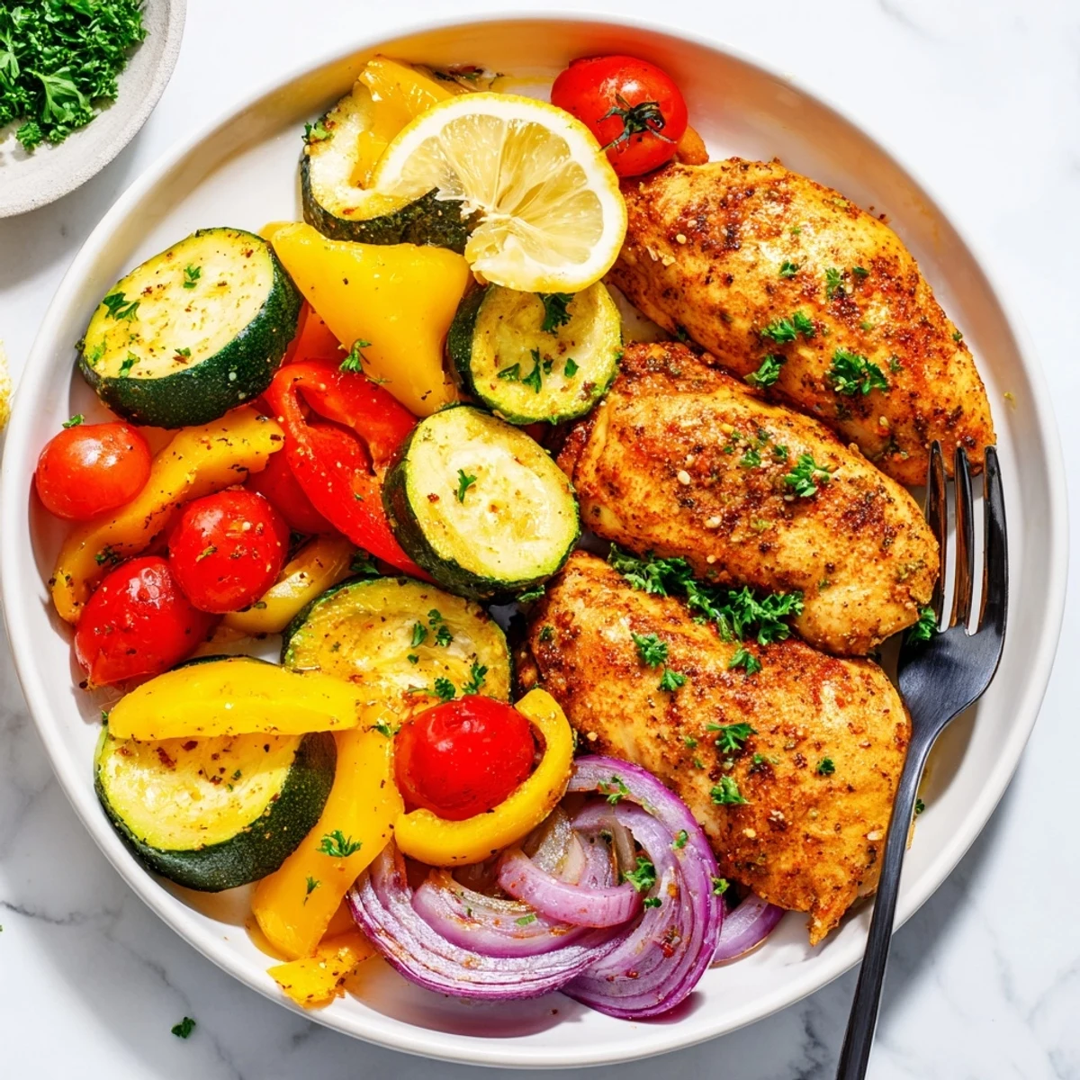 Open foil revealing juicy chicken foil packets recipe alongside lemon wedges