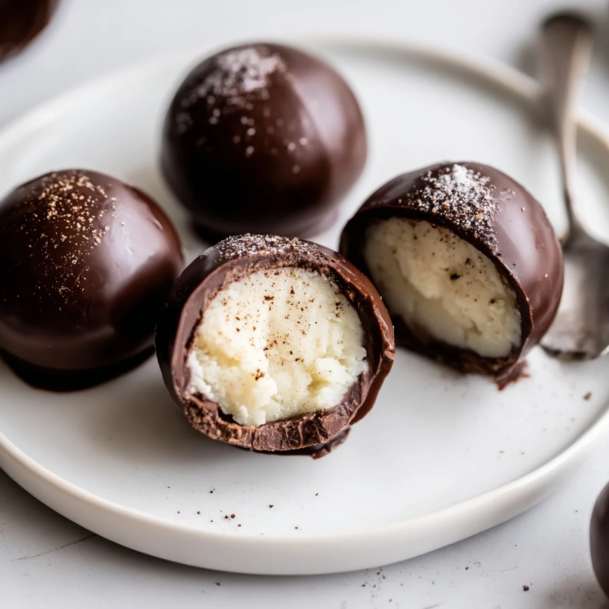 Dark Chocolate Eggnog Truffles on parchment, glossy shells dusted with nutmeg.