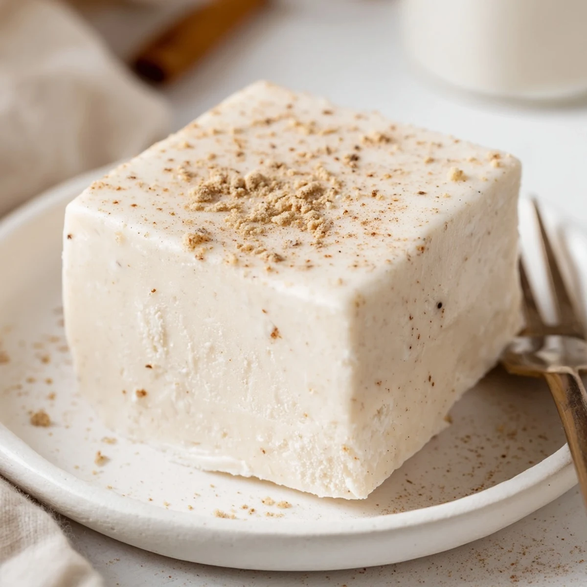 Creamy Eggnog Fudge squares dusted with grated nutmeg on parchment