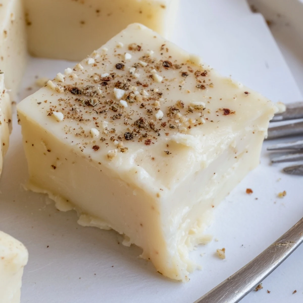 Rich Eggnog Fudge chilling in pan, ready to be sliced and served