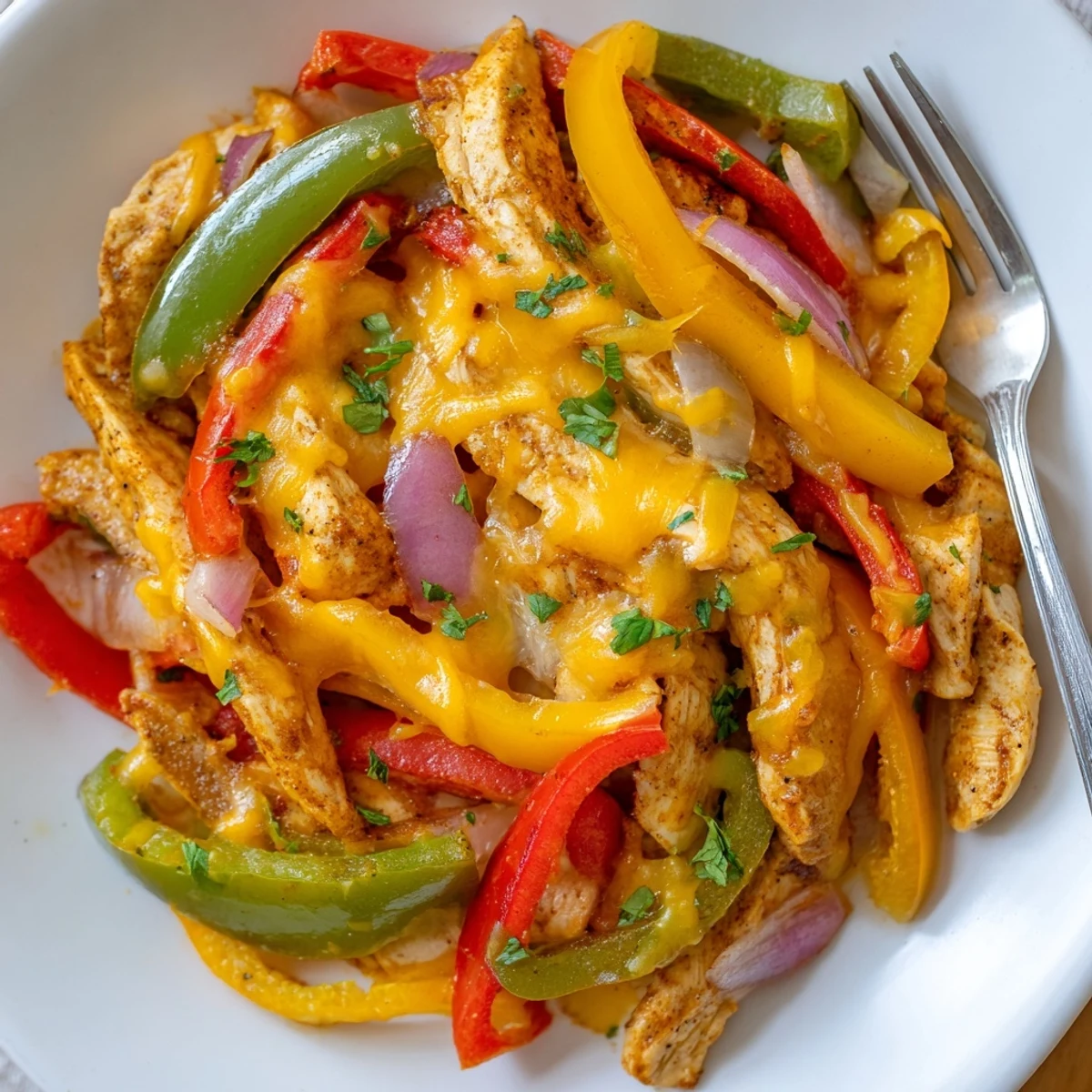 Cheesy Baja Chicken Bell Pepper Skillet sizzling with melted cheese and lime
