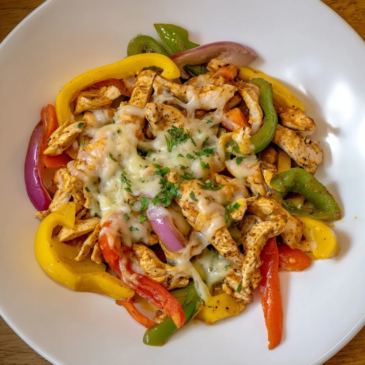 Close-up of Cheesy Baja Chicken Bell Pepper Skillet bubbling, colorful peppers, cilantro garnish