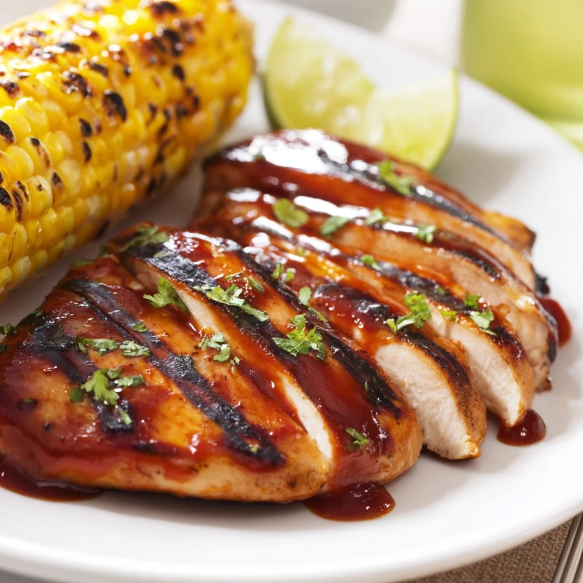 Smoky BBQ Chicken With Corn resting on a wooden platter, buttered