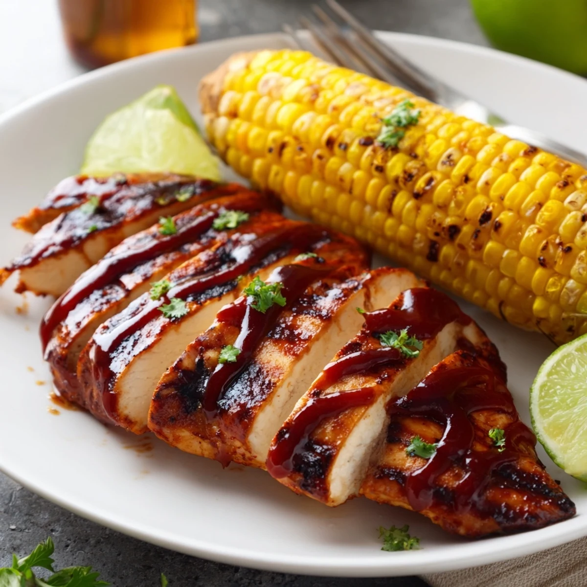 Grilled BBQ Chicken With Corn, charred kernels glistening and lime wedges