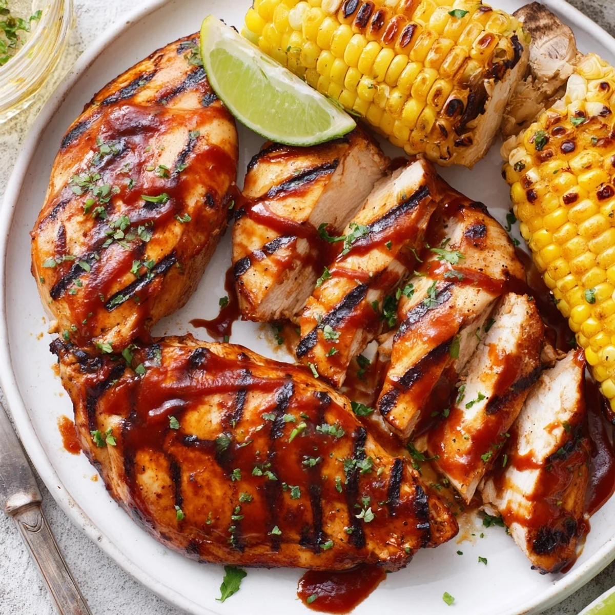 Juicy BBQ Chicken With Corn served with parsley garnish and potato salad