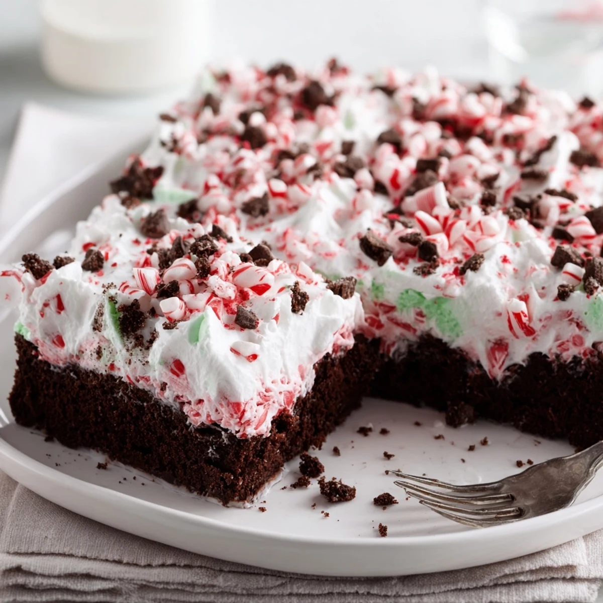Peppermint Poke Cake chilled on platter, fluffy whipped topping and crushed candies