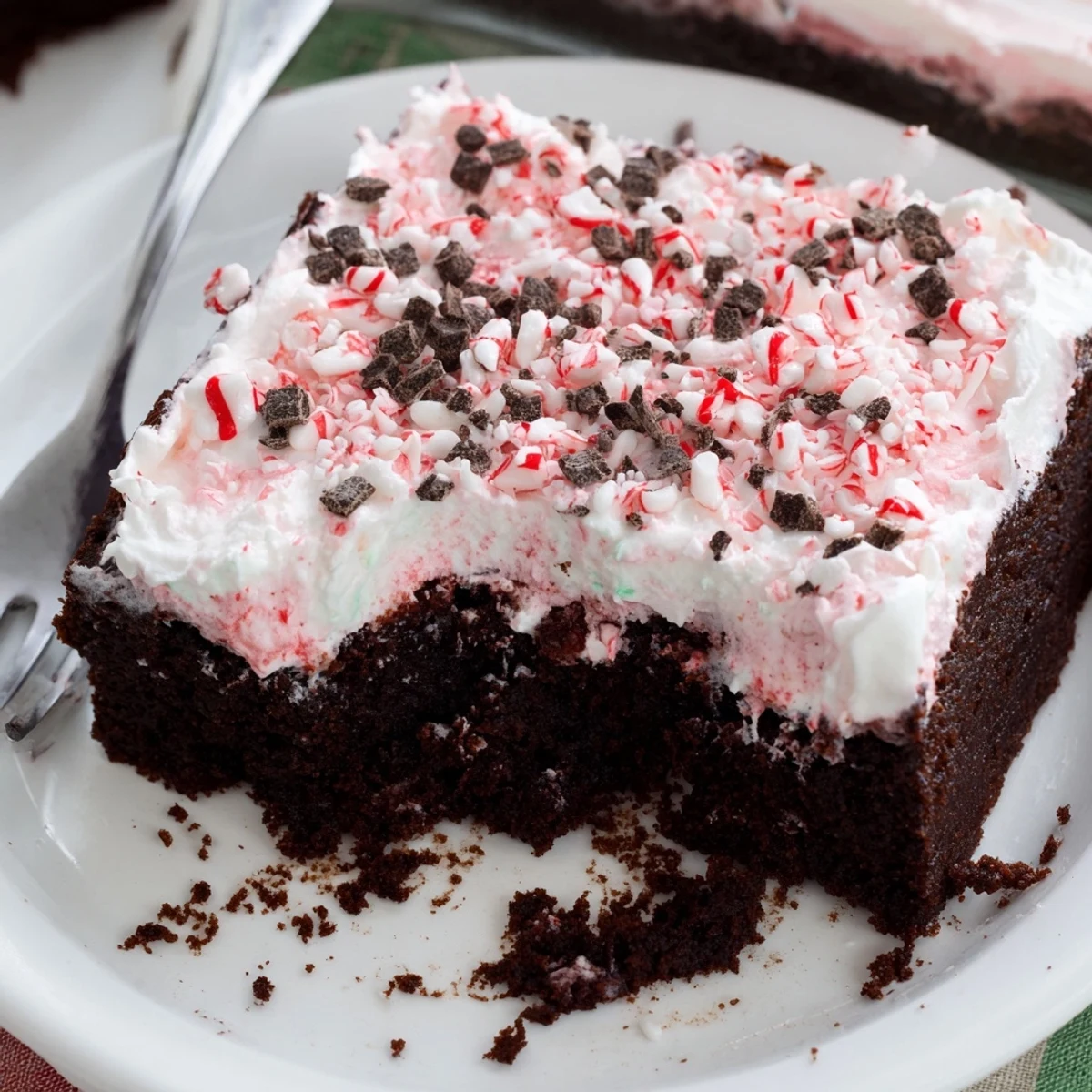 Homestyle Peppermint Poke Cake with glossy whipped cream, peppermint crunch topping