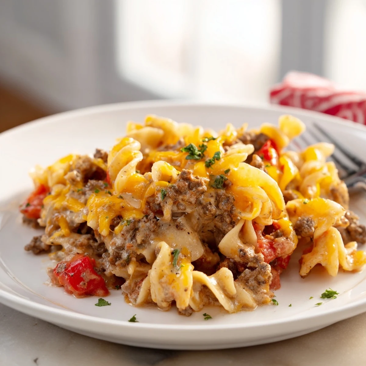 Beef Noodle Casserole bubbling with melted cheddar, golden edges, served with parsley