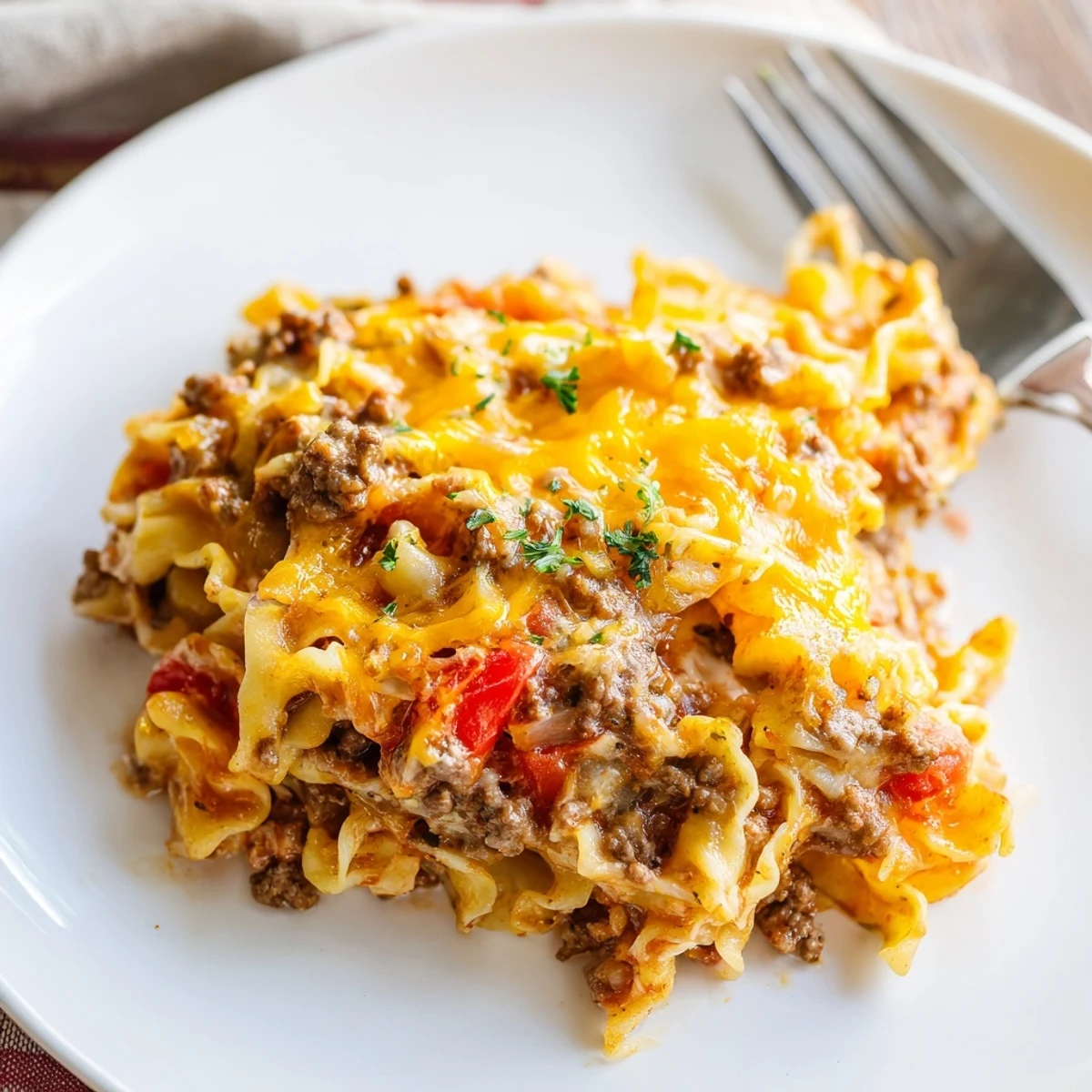 Homestyle Beef Noodle Casserole: tender beef, saucy egg noodles in baking dish