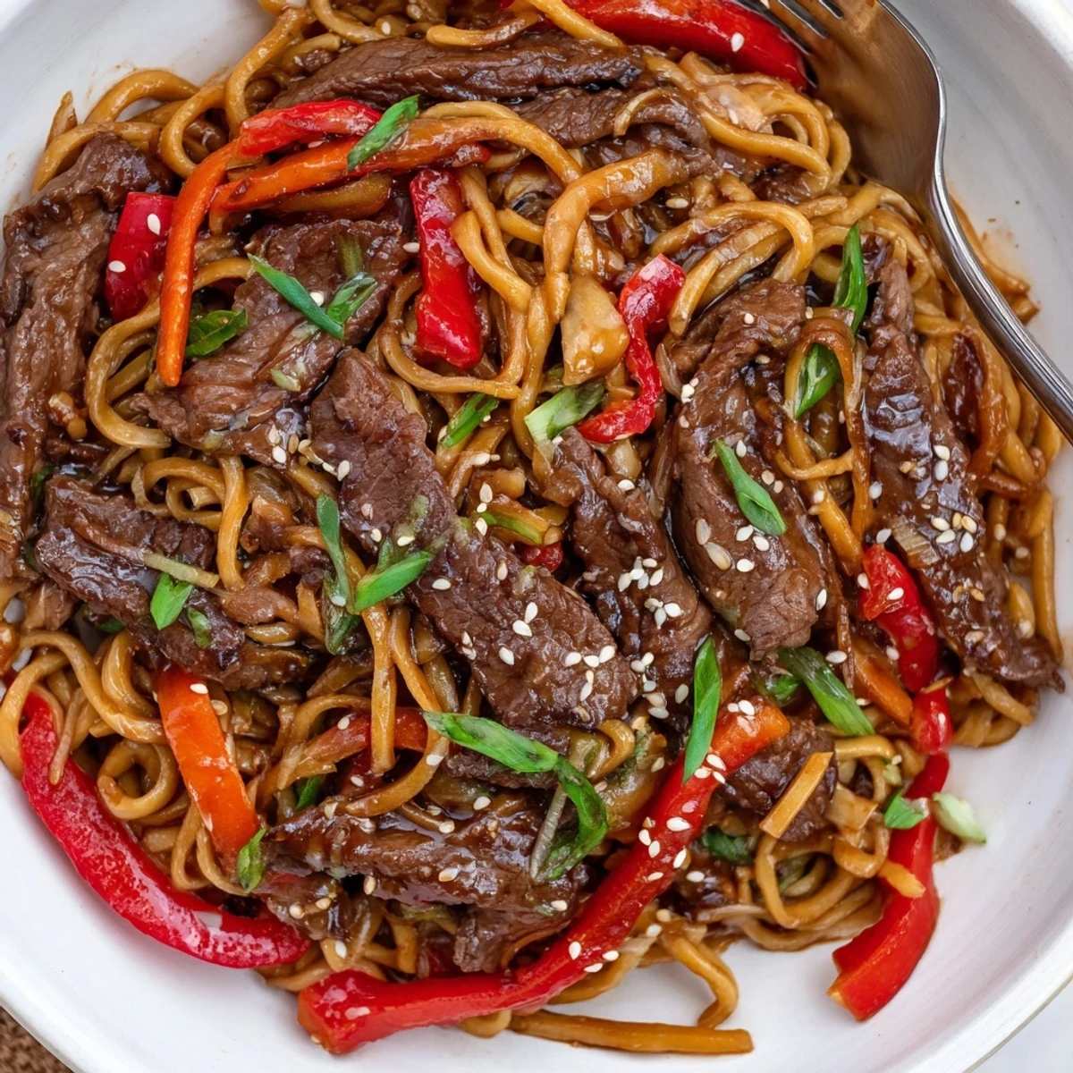 Sticky Beef Noodles glistening in sticky sauce with sesame seeds, scallions