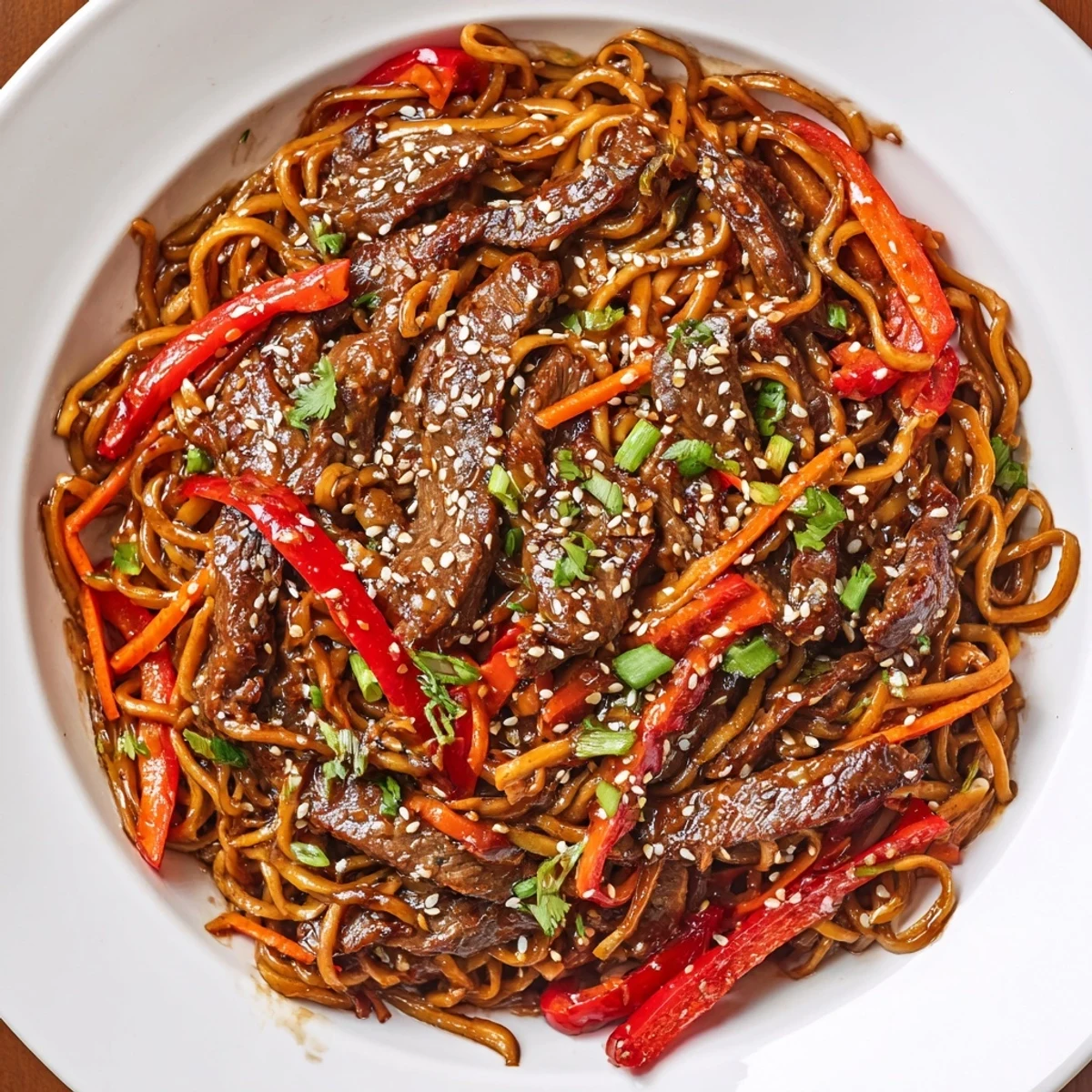 Plate of Sticky Beef Noodles tossed with crisp bell pepper and glossy sauce