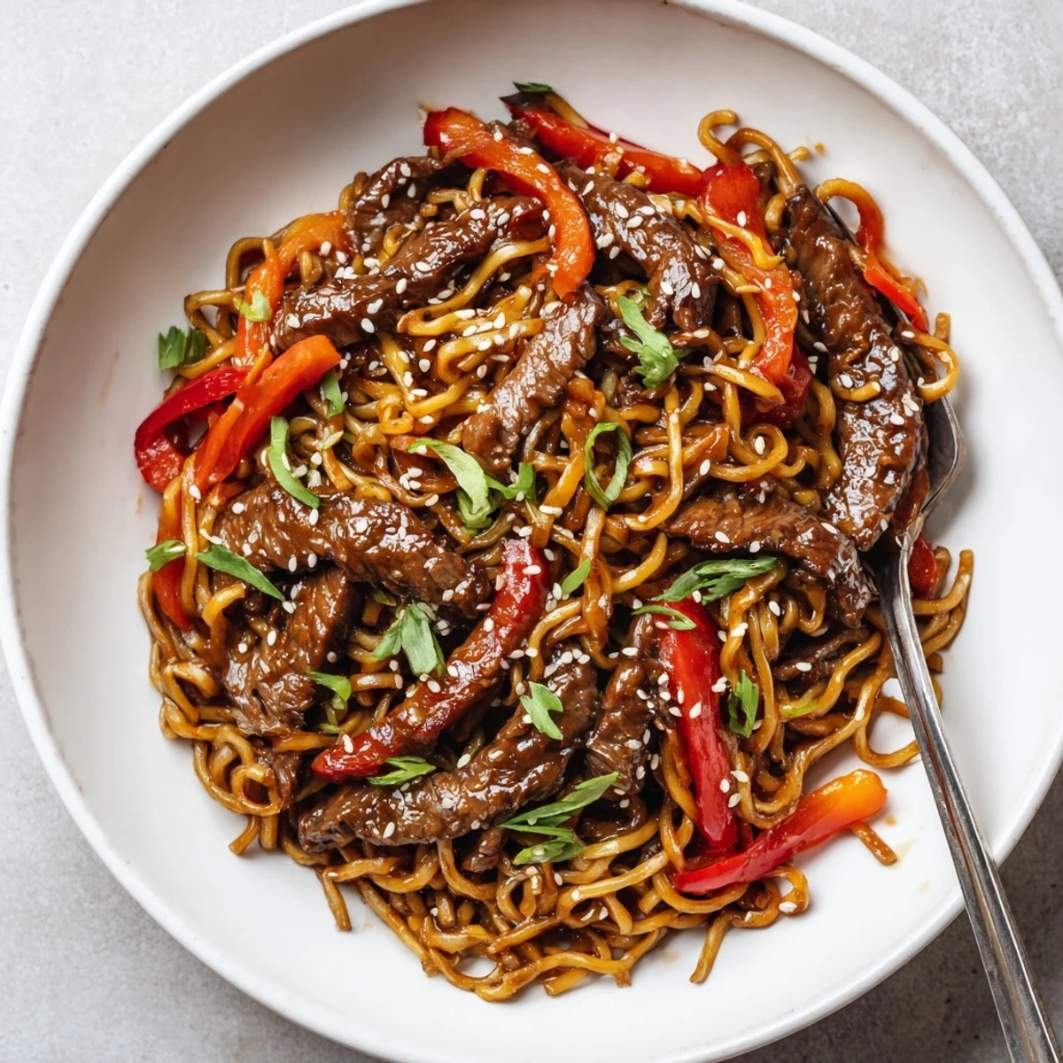 Bowl of Sticky Beef Noodles steaming hot, tender beef, toasted sesame garnish