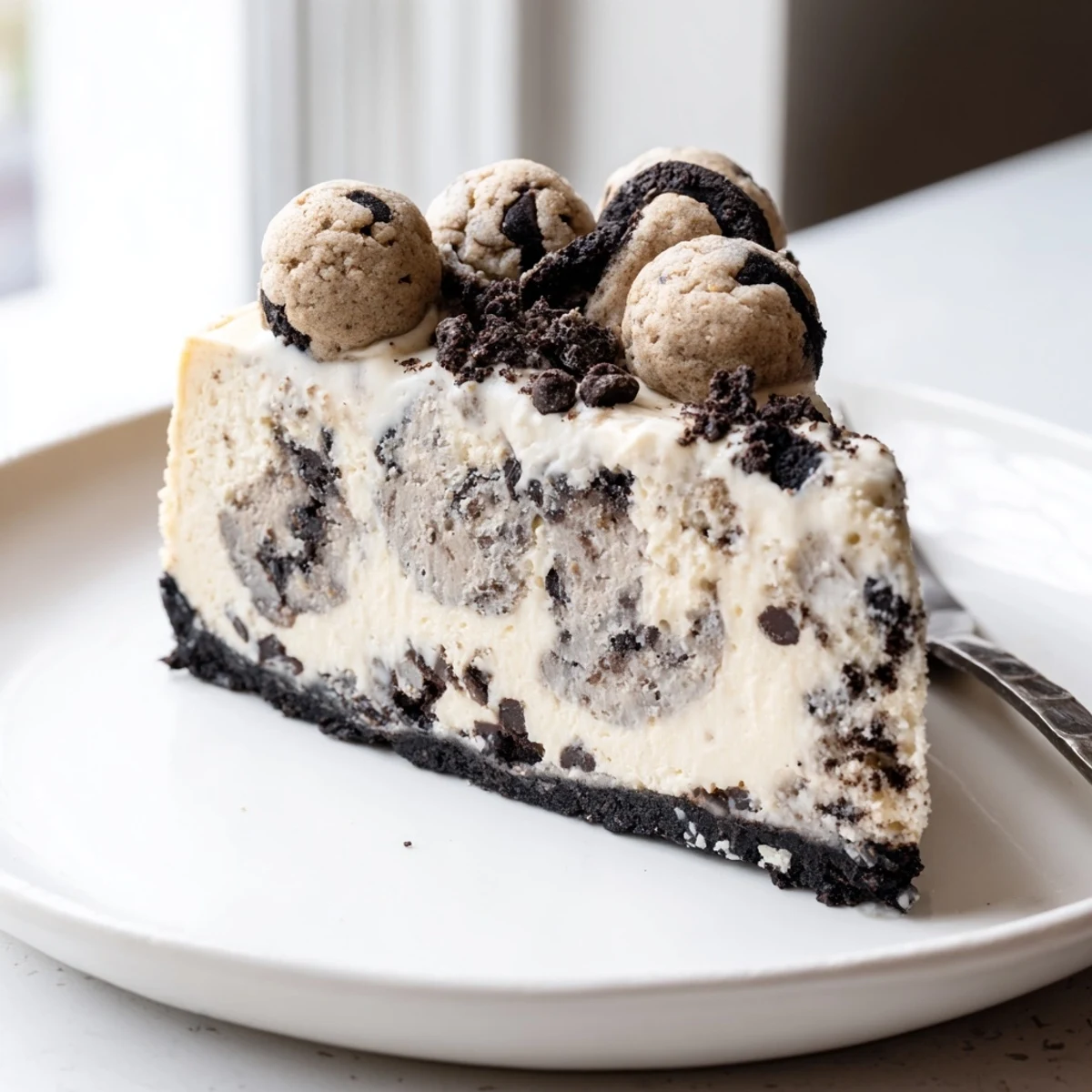 Chocolate Chip Cookie Dough Cheesecake chilled slices with gooey dough pockets and crumbs