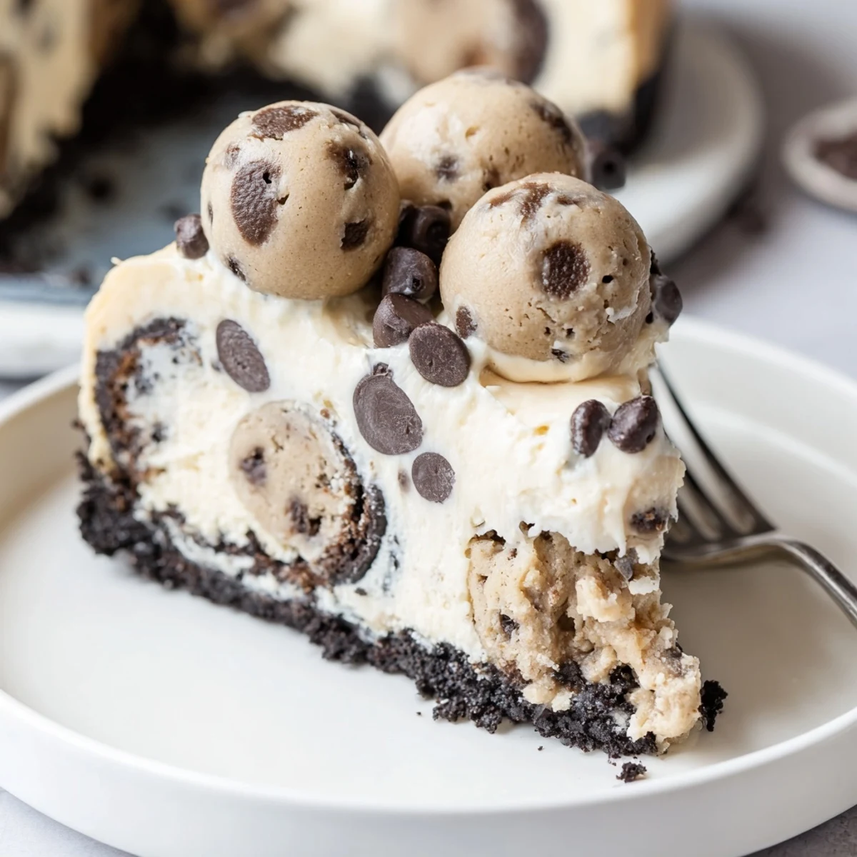 Homemade Chocolate Chip Cookie Dough Cheesecake topped with mini chips, creamy texture