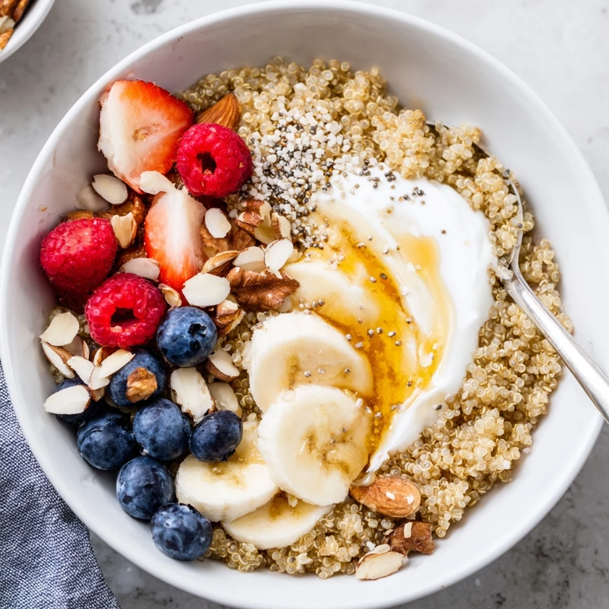 Quinoa Breakfast Bowl with creamy yogurt, berries, and crunchy chopped nuts