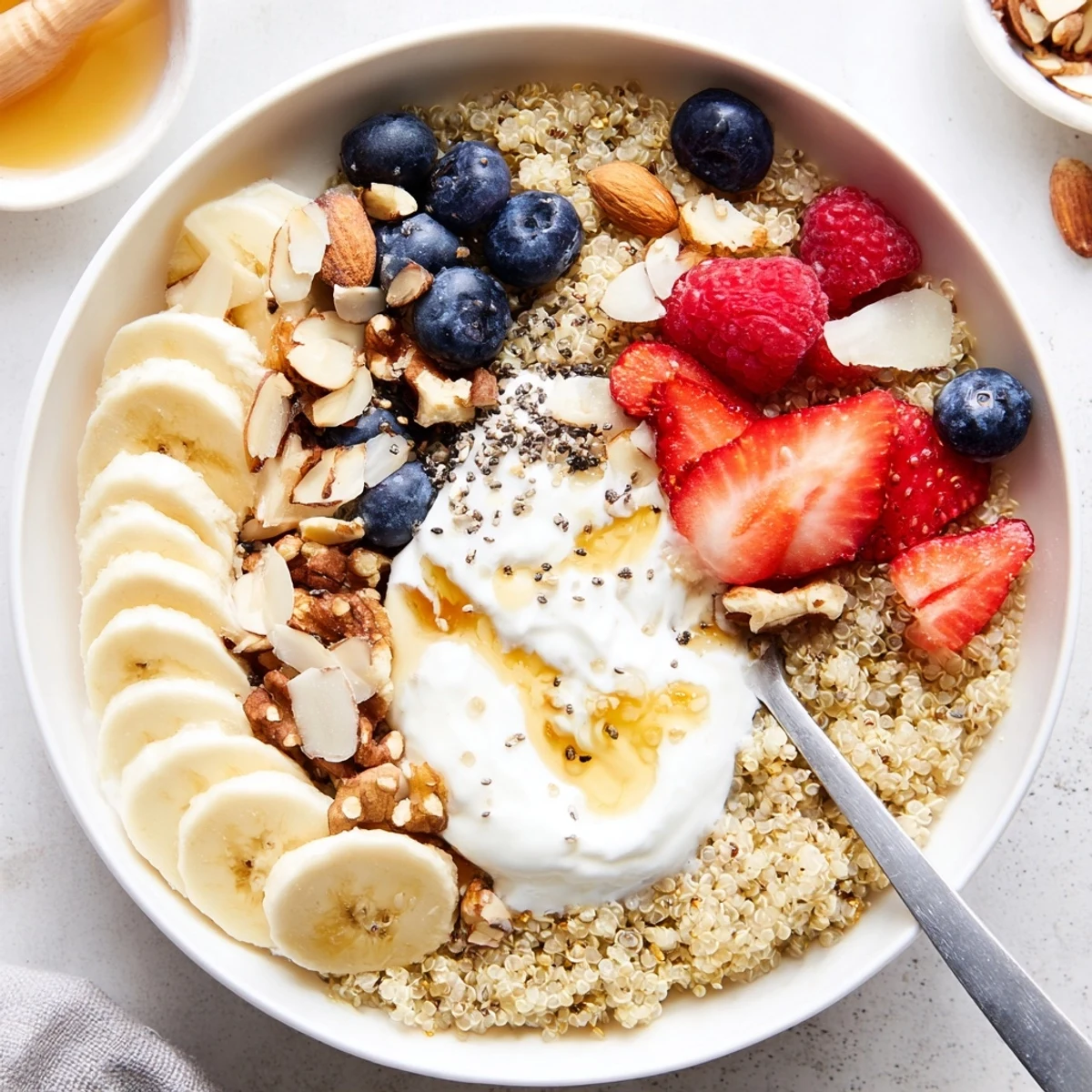 Protein-packed Quinoa Breakfast Bowl served warm with bright berries and chia seeds