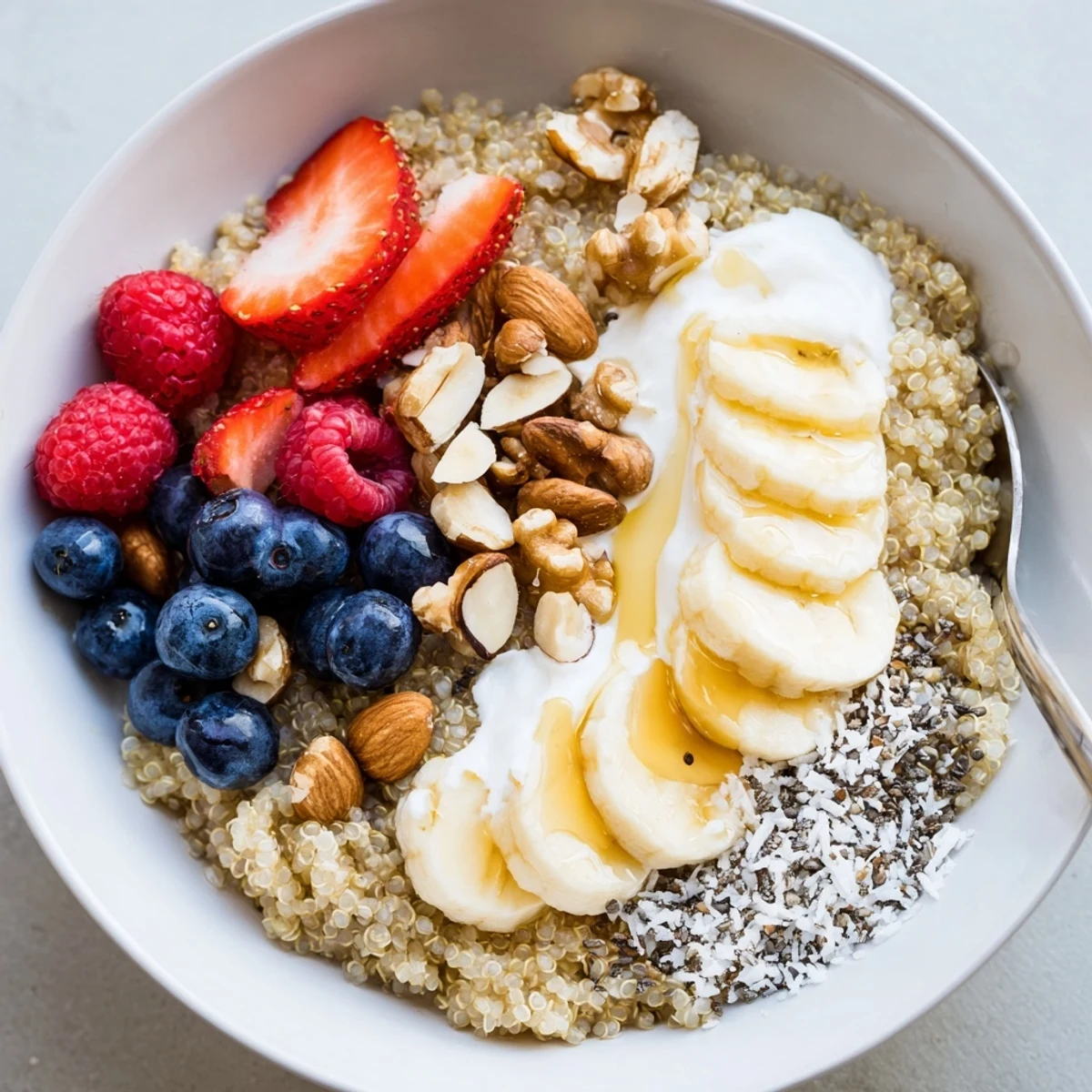 Warm Quinoa Breakfast Bowl topped with sliced banana, honey drizzle, toasted coconut