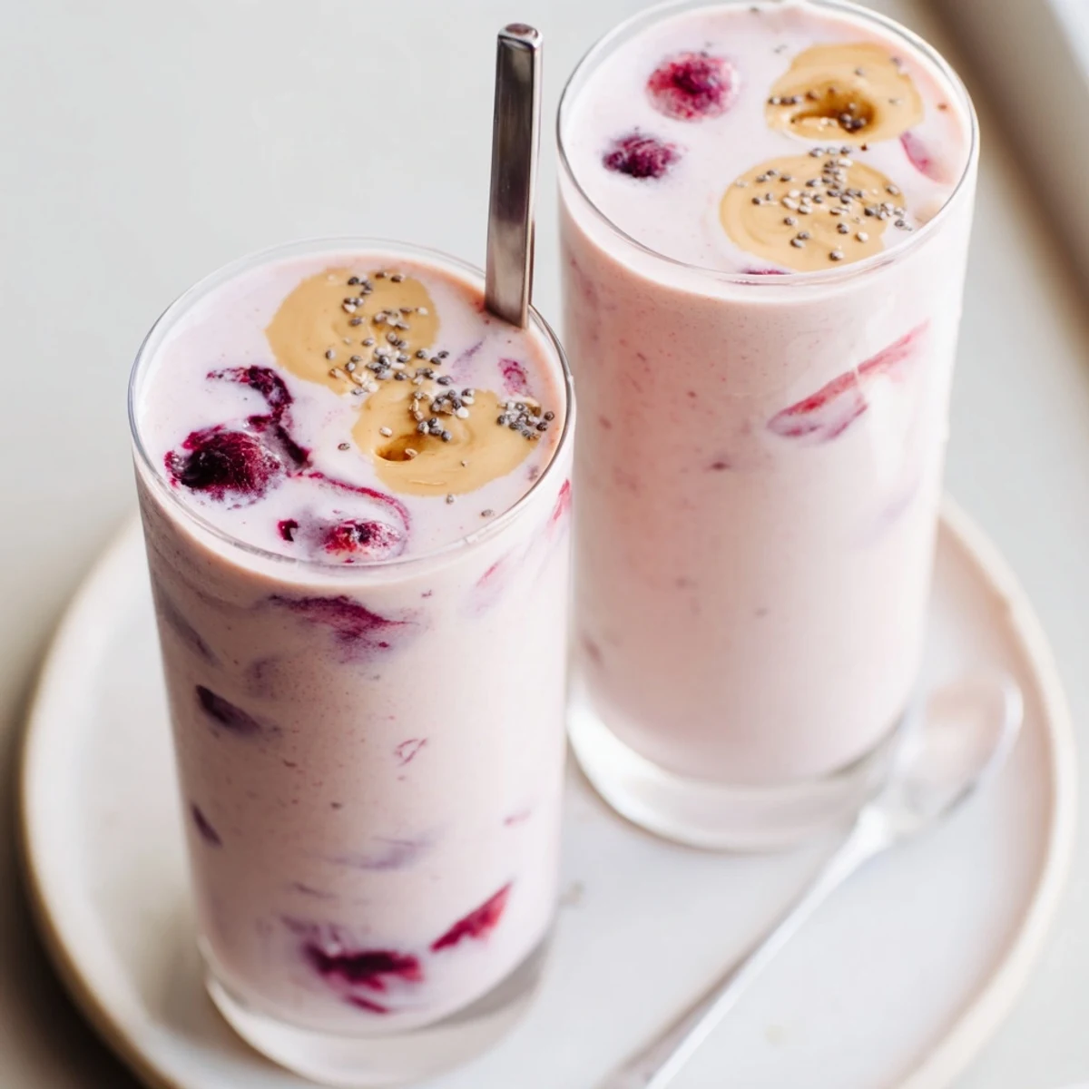 A refreshing High Protein Smoothie with banana and peanut butter swirl