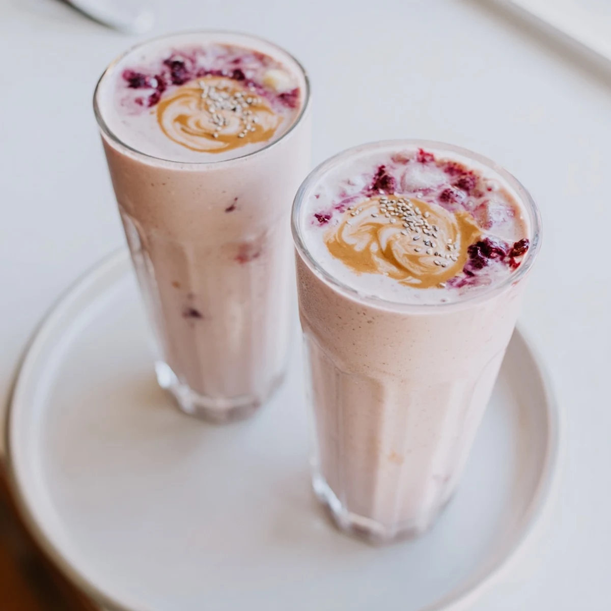 High Protein Smoothie is creamy berry blend poured into glass, topped with chia seeds