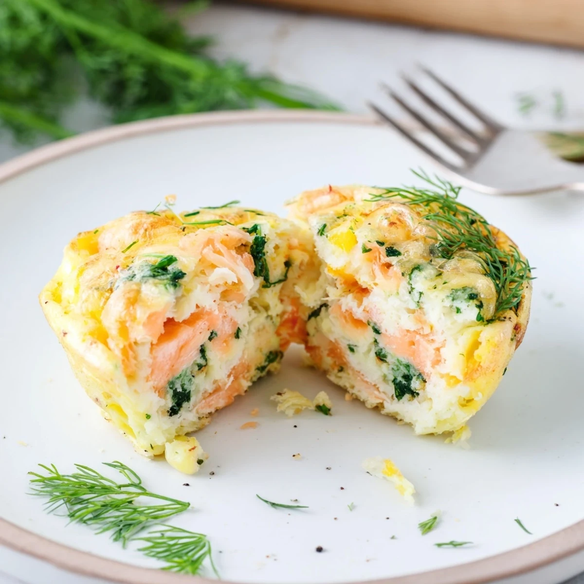 Smoked Salmon Egg Muffins warm from oven, golden tops and dill garnish.