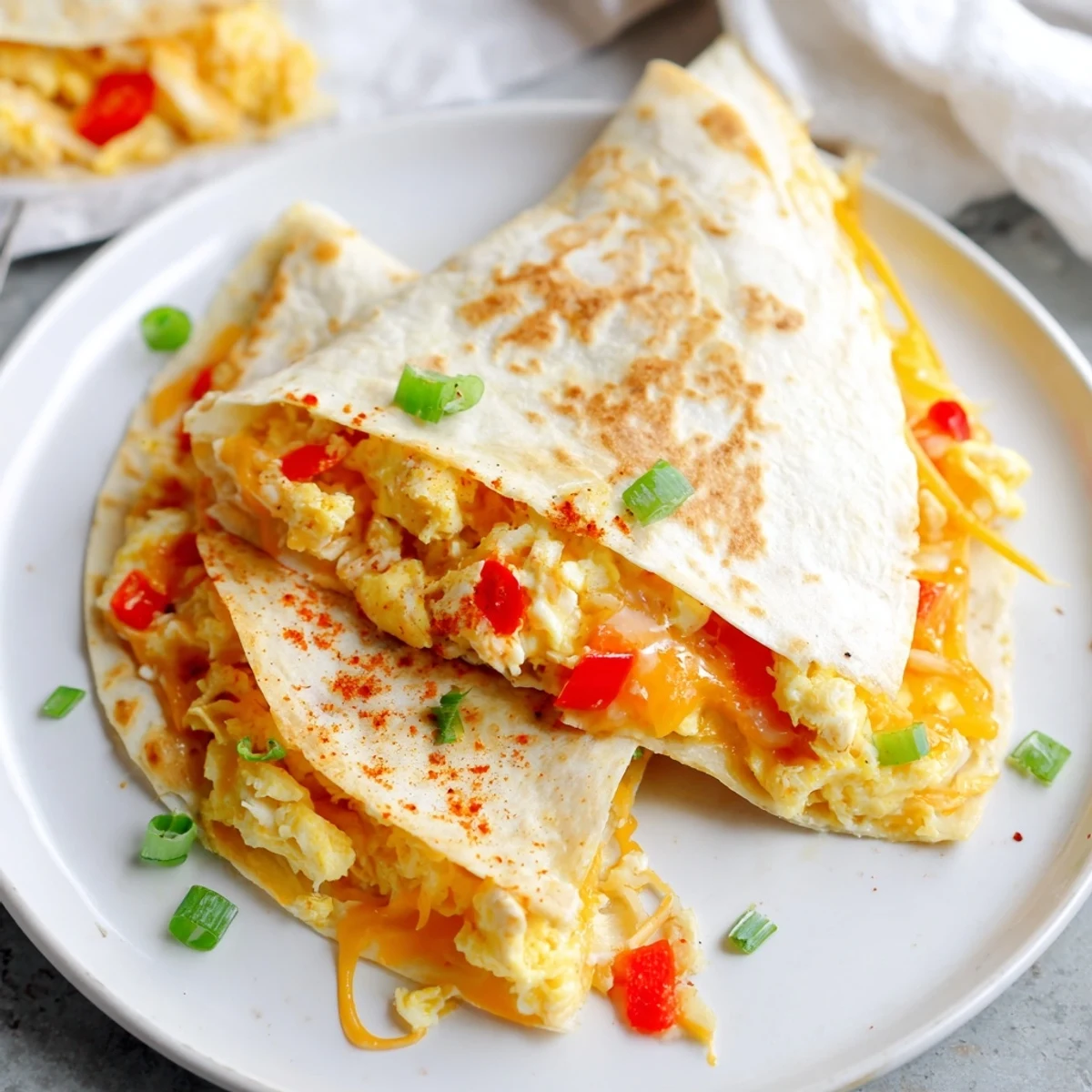 Golden, crispy Chicken Breakfast Quesadilla with melted cheddar, eggs, and peppers