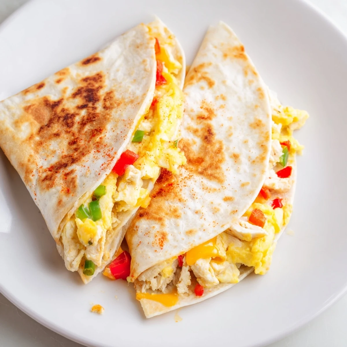 Pan-toasted Chicken Breakfast Quesadilla oozing Monterey Jack, fluffy eggs, warm aroma