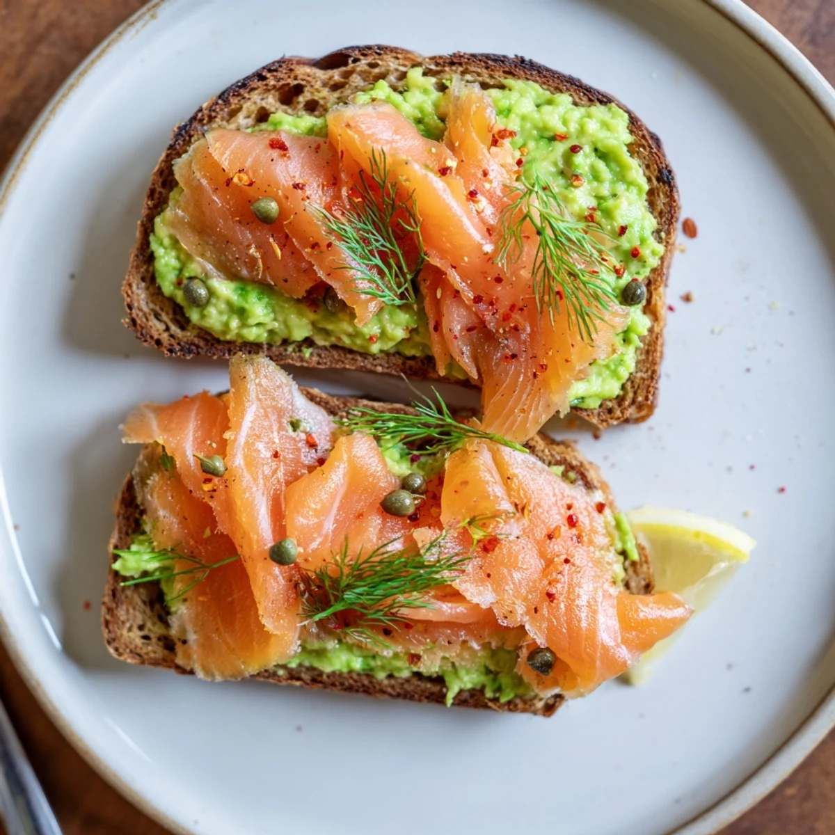 Salmon Avocado Toast on toasted sourdough, silky salmon and creamy avocado.