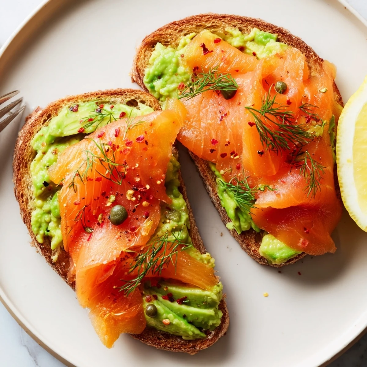 Open-faced Salmon Avocado Toast garnished with dill, capers, lemon wedge.