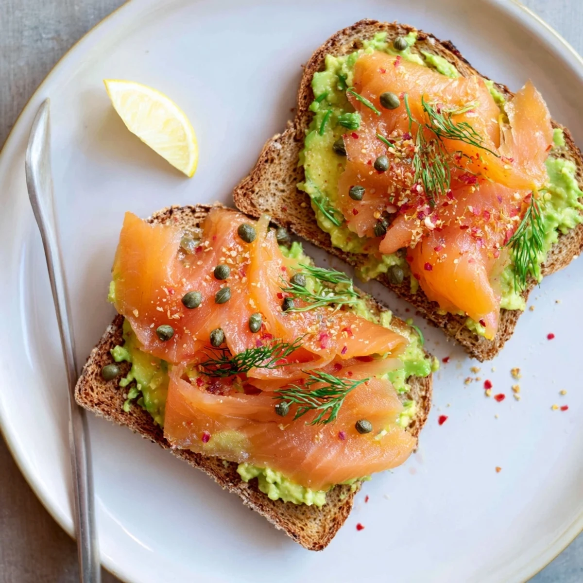Hearty Salmon Avocado Toast ready for brunch, topped with cracked pepper.