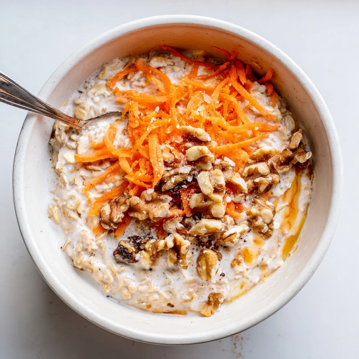 Spiced Carrot Cake Overnight Oats chilled in jar, soft grated carrot texture