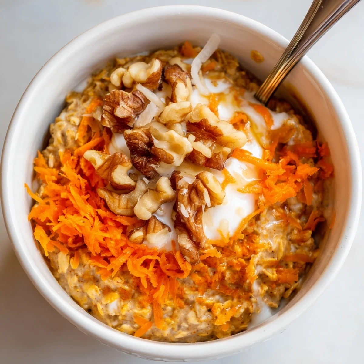 Creamy Carrot Cake Overnight Oats topped with chopped walnuts and maple drizzle
