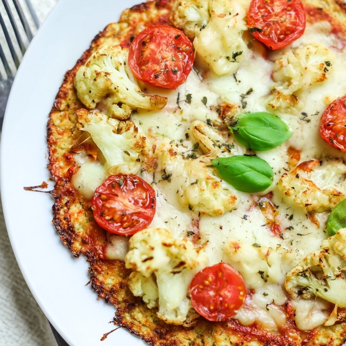 Stone Baked Cheesy Cauliflower Keto Pizza with golden crust and bubbling cheese