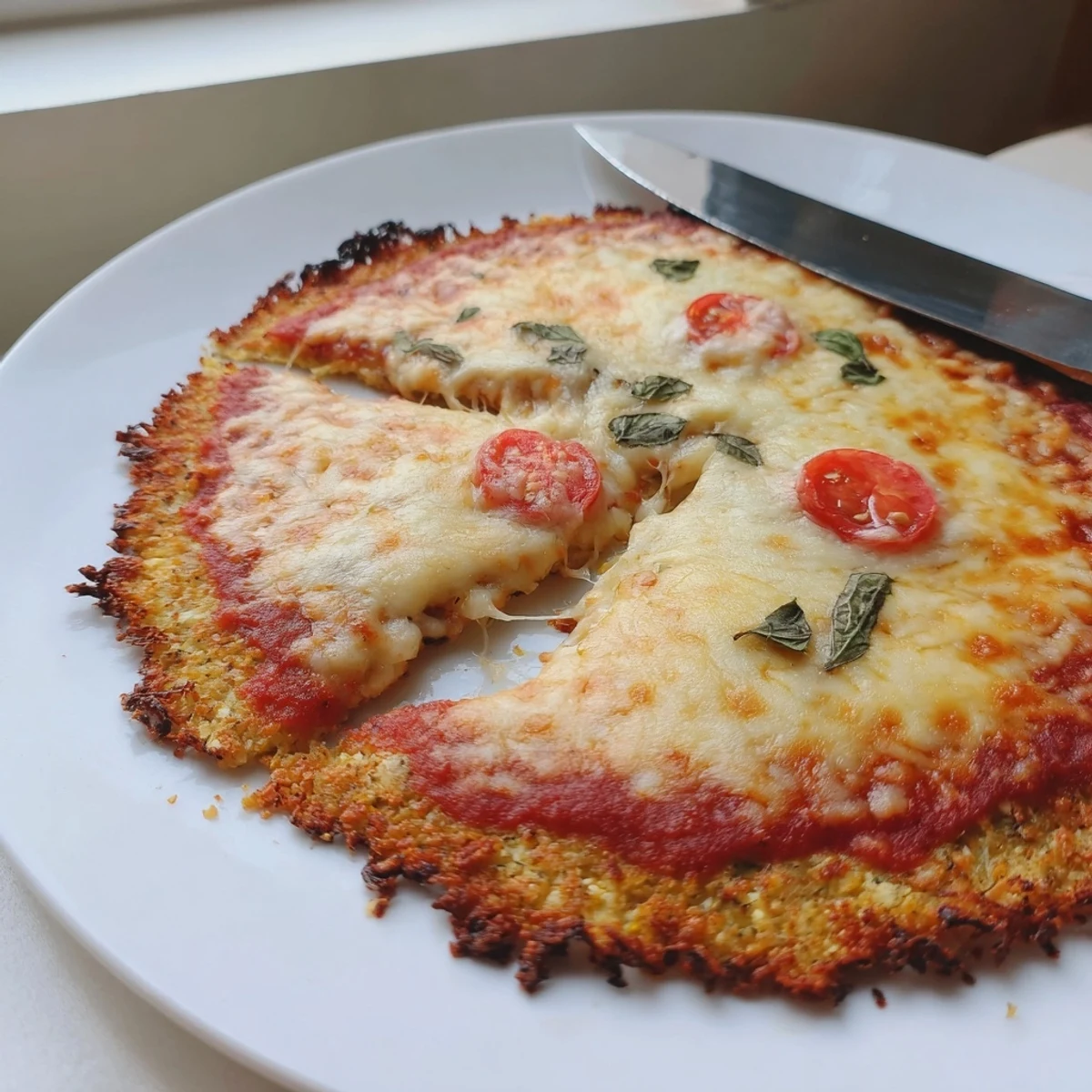 Warm Stone Baked Cheesy Cauliflower Keto Pizza slice topped with fresh basil