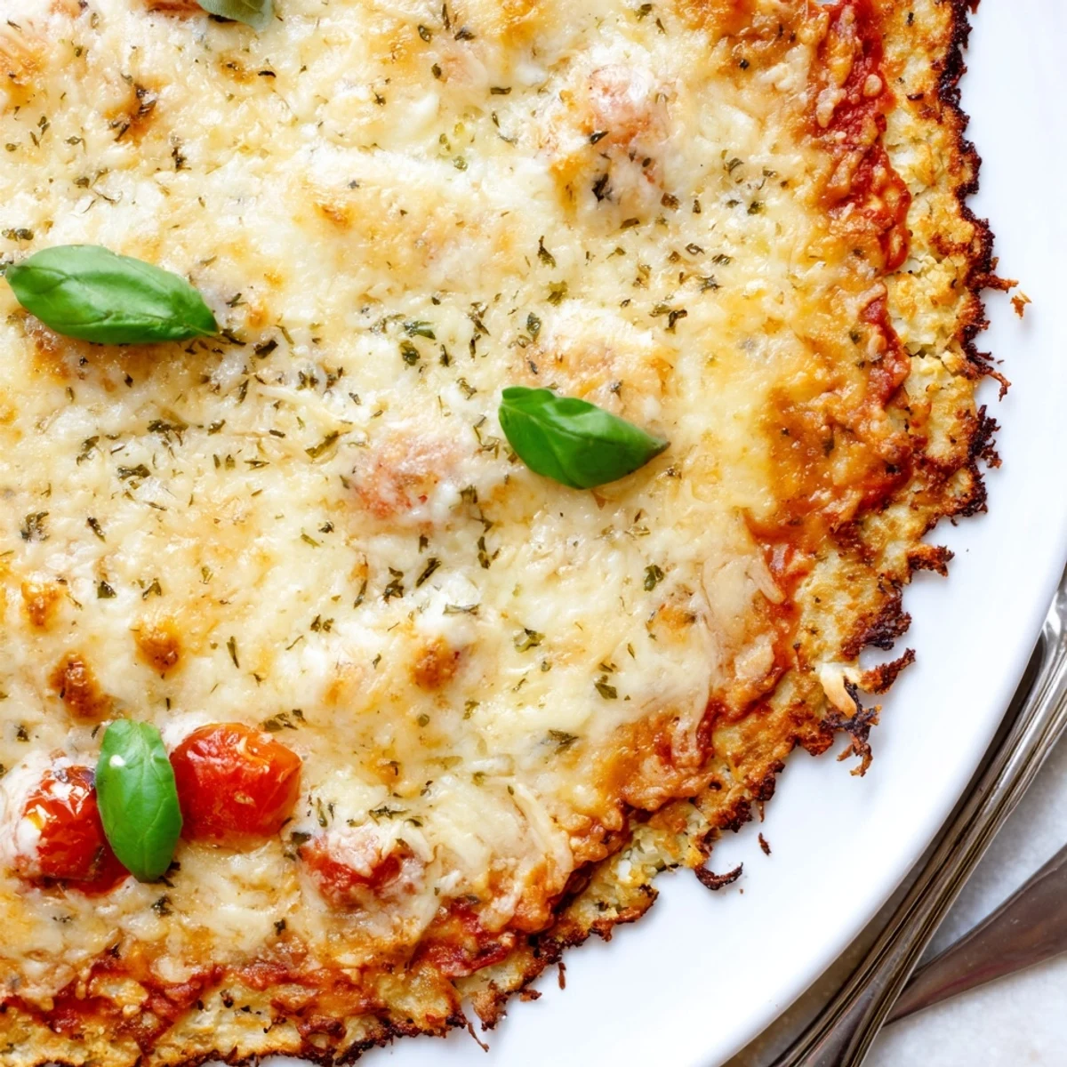 Stone Baked Cheesy Cauliflower Keto Pizza showing molten mozzarella pull and crisp edges