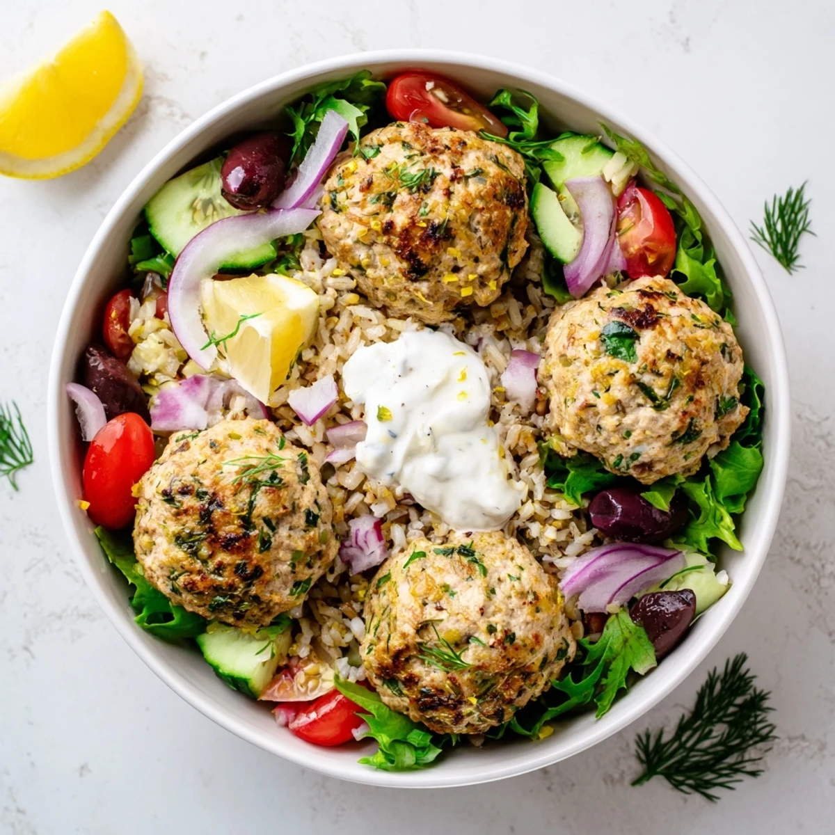 Turkey Mediterranean Meatballs Bowl with lemony yogurt drizzle, oven-browned meat, crisp salad