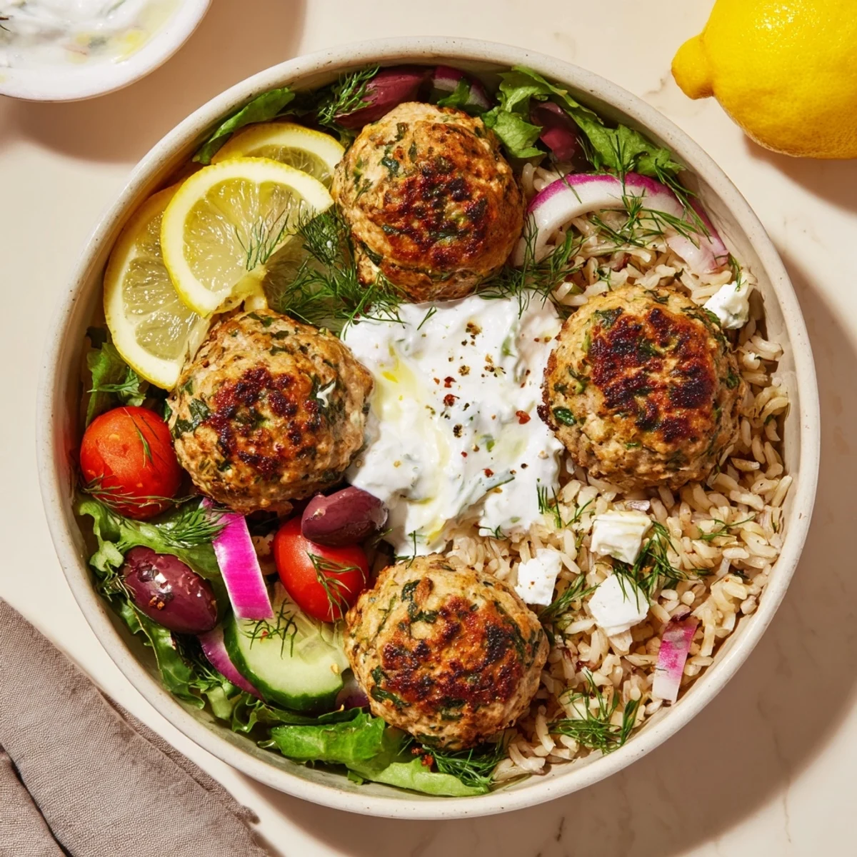Close-up of Turkey Mediterranean Meatballs Bowl showing juicy turkey bites, herbed yogurt