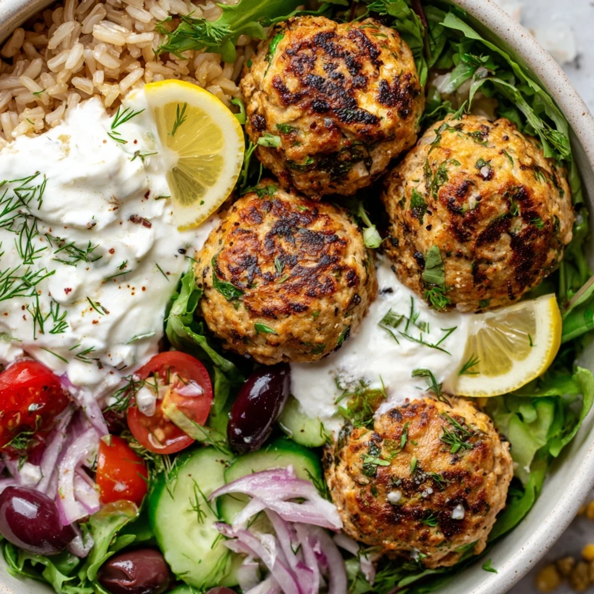 Warm Turkey Mediterranean Meatballs Bowl served over quinoa, tomatoes, cucumbers, feta