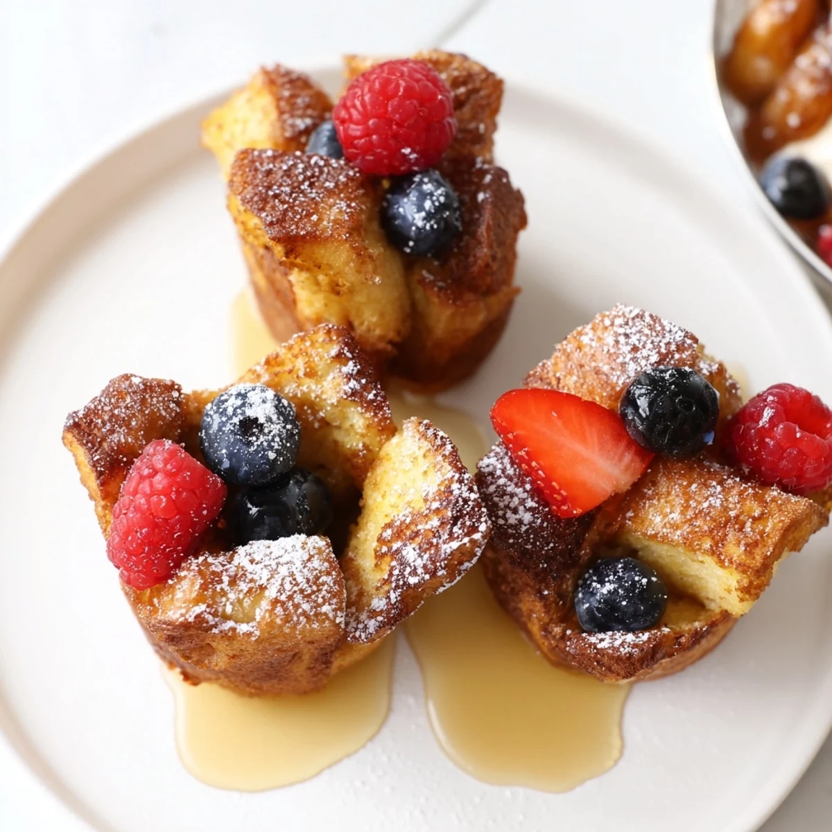 Baked French Toast Cups with golden edges and fluffy centers, topped with berries.