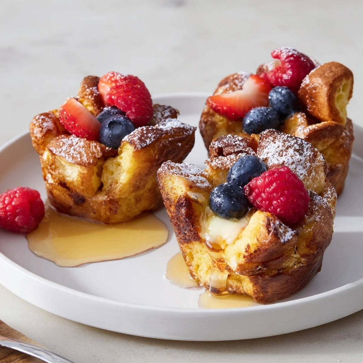 Warm Baked French Toast Cups dusted with powdered sugar and maple syrup.