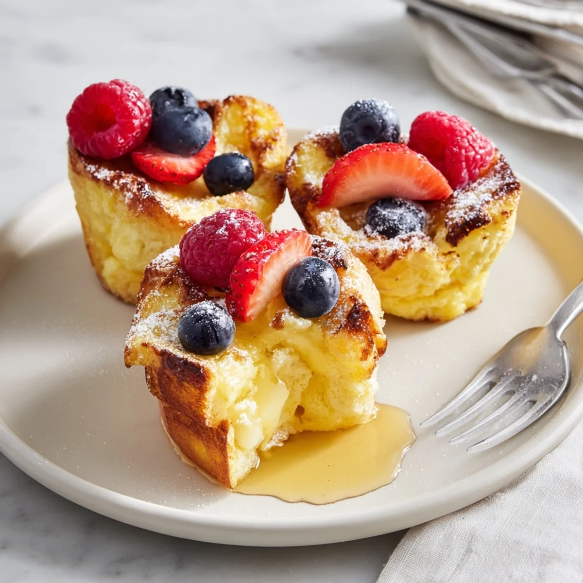 Crispy-topped Baked French Toast Cups served in muffin tin, ideal for brunch.