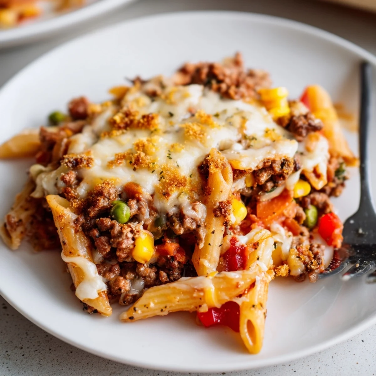 Hearty Cheesy Baked Casserole bubbling golden, melted cheese, steaming from the oven.
