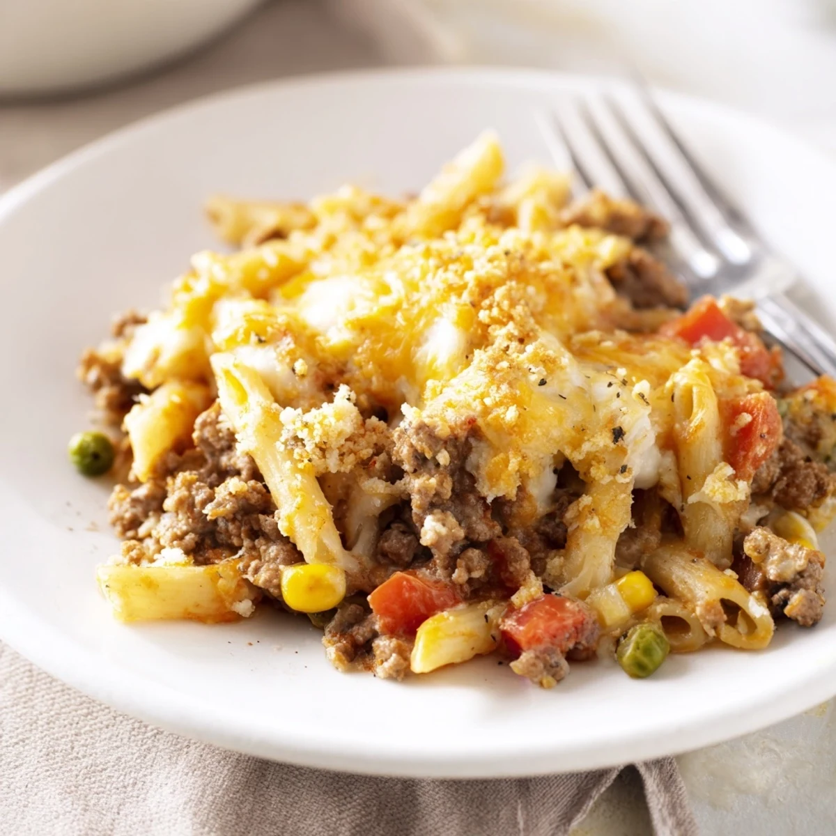 Slices of Hearty Cheesy Baked Casserole served with crisp salad and bread.